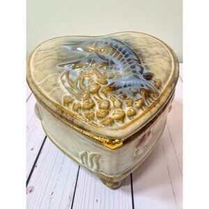 Vintage Ceramic Heart-Shaped Trinket Box With Fish & Ocean Design Gold Trim Foot